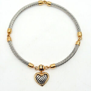 Stocko Heart Pendant Necklace Snap Clasp Two Tone Twisted Cable Choker 15"